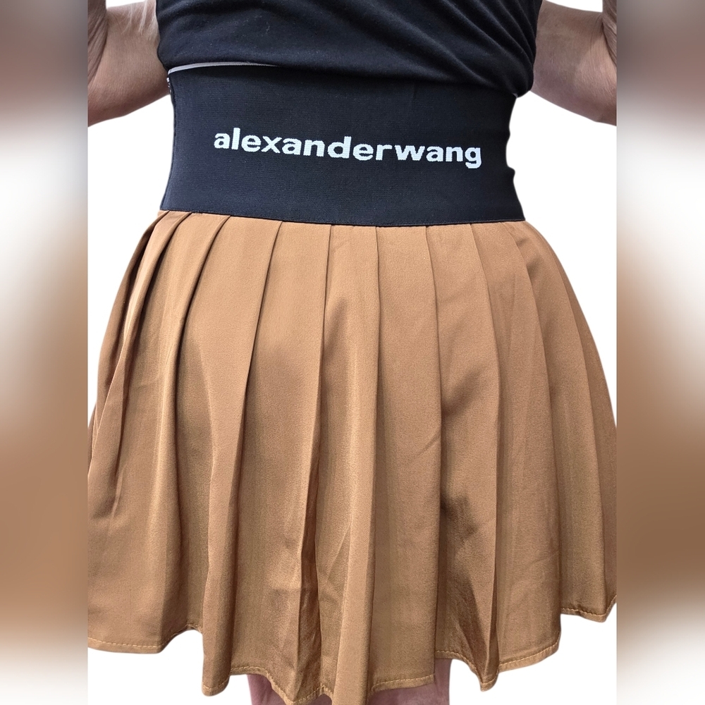 Alexander Wang Pleated Mini Skort Logo Waistband Brown XS S - Picture 7 of 7